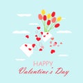 Happy Valentine`s Day banner. Envelope with heart tulip white cloud on blue art design stock vector illustration Royalty Free Stock Photo